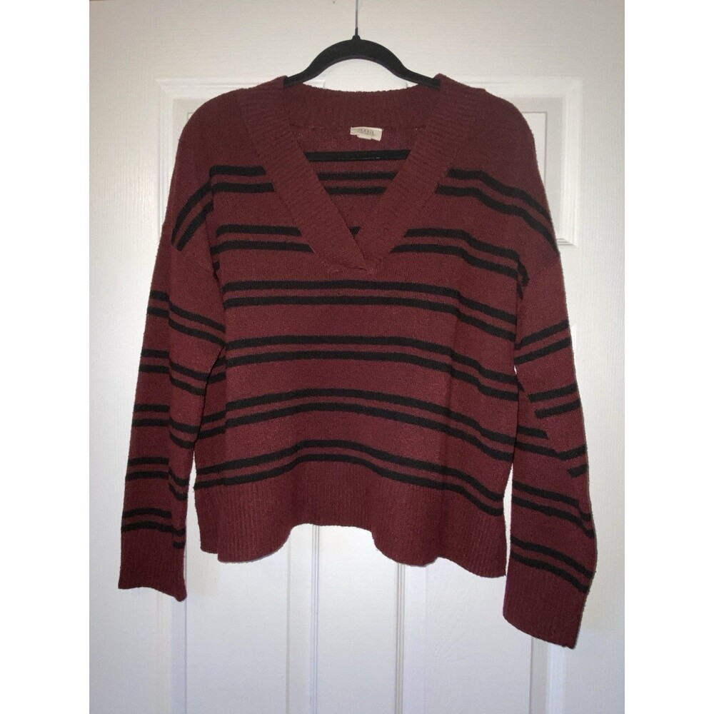 a.n.a Burgundy Black Striped V-Neck Long Sleeve Knit Pullover Sweater Women L